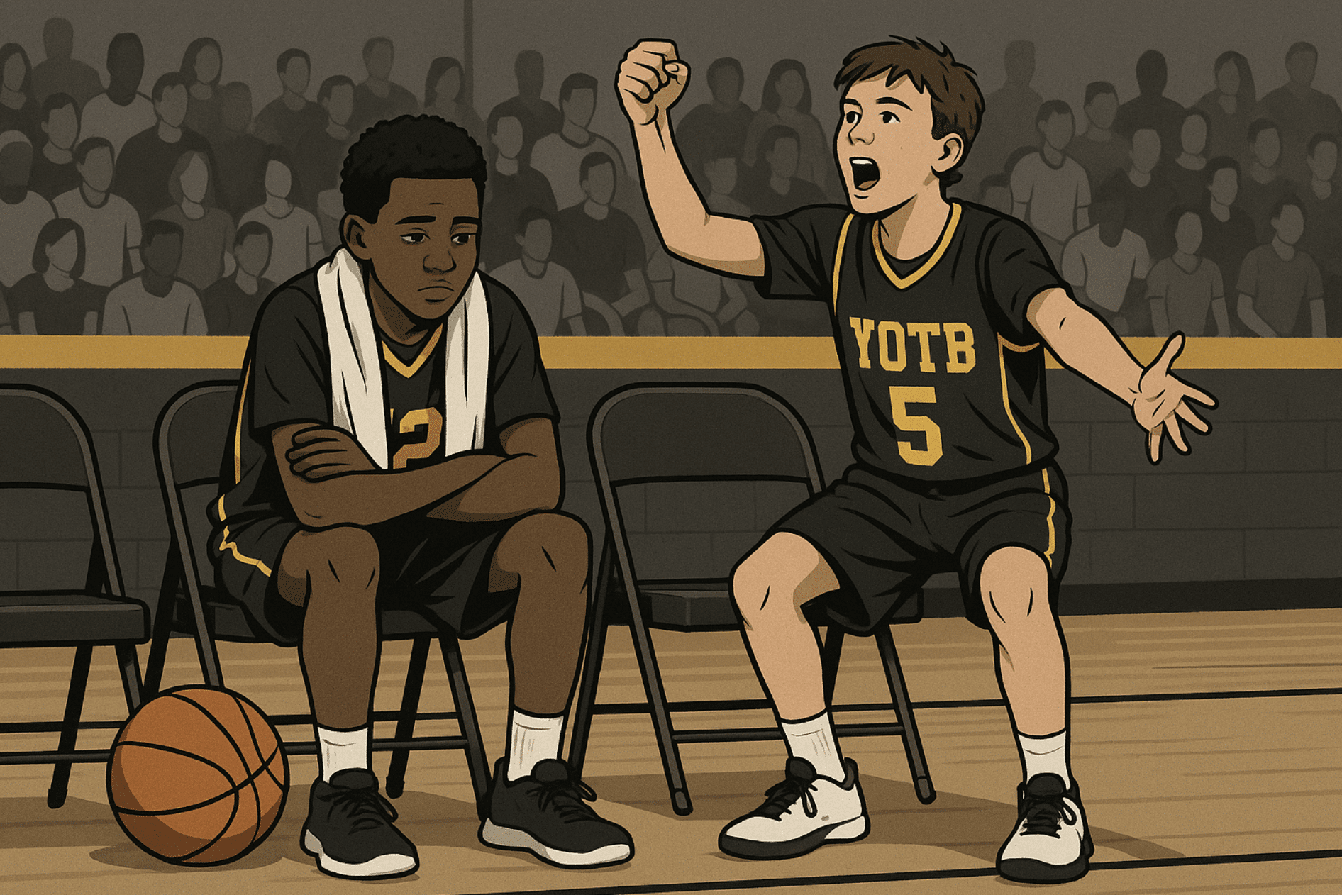 Youth basketball players on the bench—one cheering, one discouraged—showing the ups and downs of playing time.